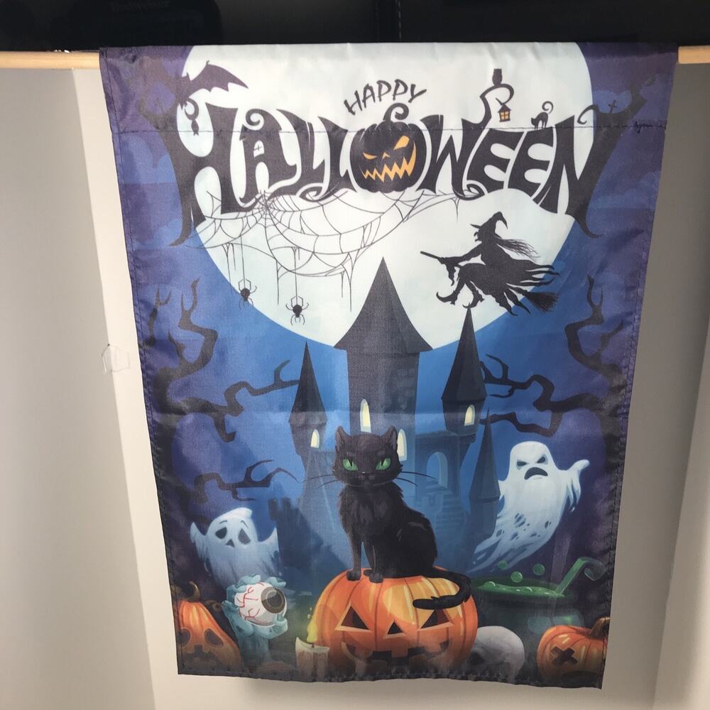 Happy Halloween Garden Flag Double Sided 12x18" Moon Haunted House Bats Blackcat